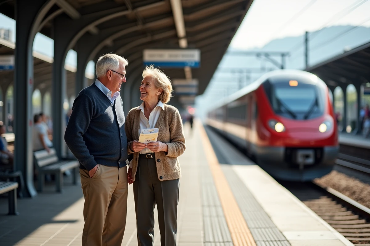 Couple d elderly sur le quai de train en discussion
