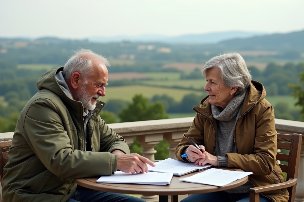 Couple retraité profitant d une vue sur la campagne