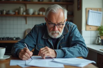 Ouvrier retraité de 58 ans qui examine ses documents de retraite à la table de sa cuisine, illustrant les conditions de départ anticipé pour pénibilité
