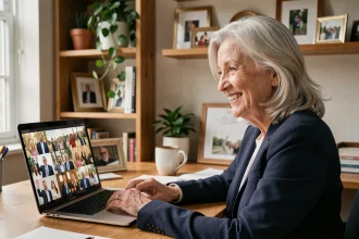 Femme retraitée souriante lors d'une fête de départ virtuelle en visioconférence depuis son bureau à domicile