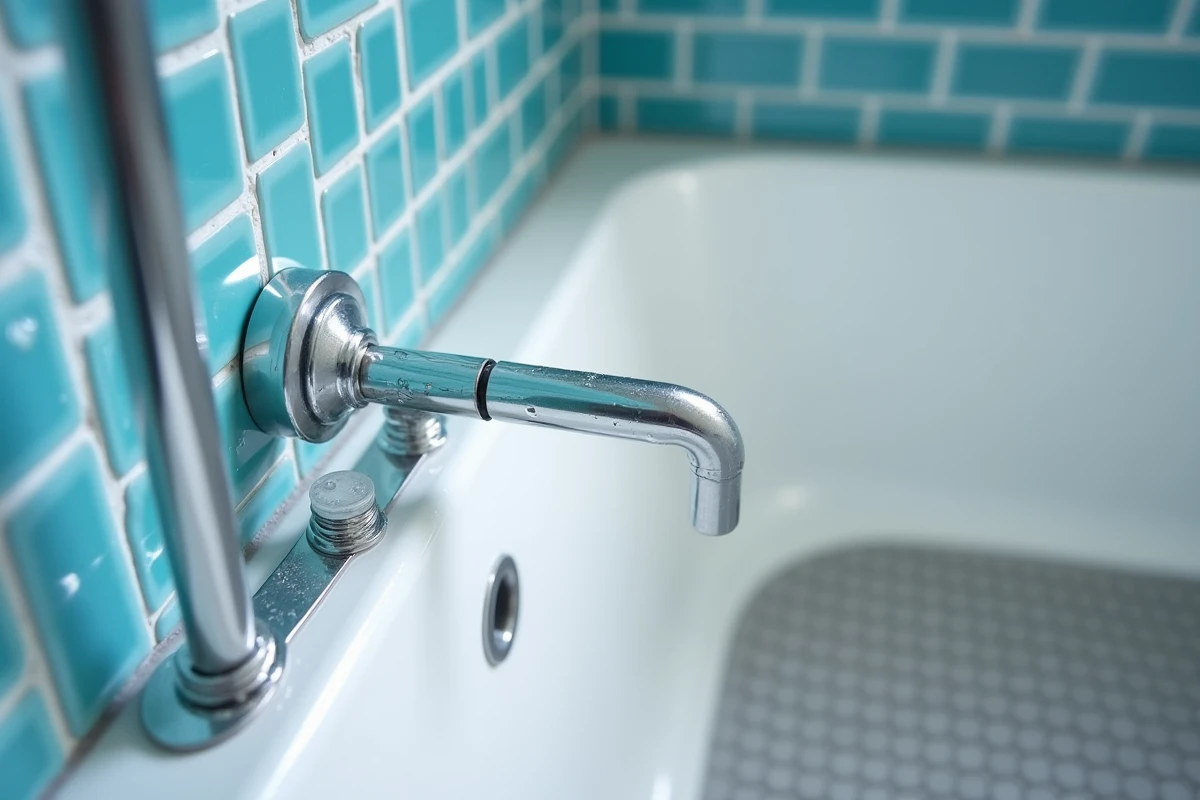 Détail des équipements antichute d'une baignoire PMR : tapis antidérapant, barre d'appui et planche de transfert