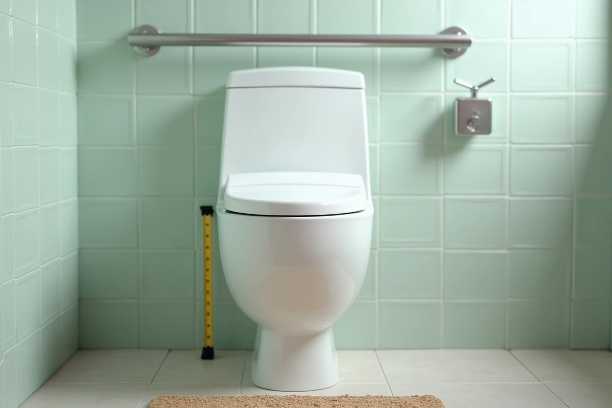 Détail d'un WC haut avec barre d'appui et mètre ruban mesurant la hauteur d'assise adaptée aux seniors