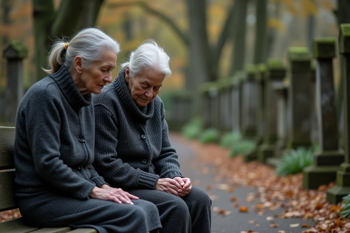 Deux femmes âgées en deuil se soutenant mutuellement dans un cimetière aux tons automnaux