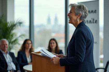 Femme retraitée prononçant un discours de départ à la retraite devant ses collègues dans une salle de réunion d'entreprise