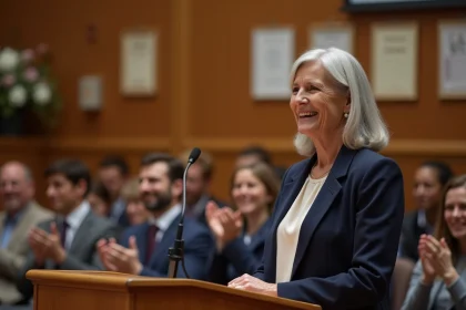 Enseignante à la retraite prononçant un discours d'hommage devant ses collègues lors de sa cérémonie de départ