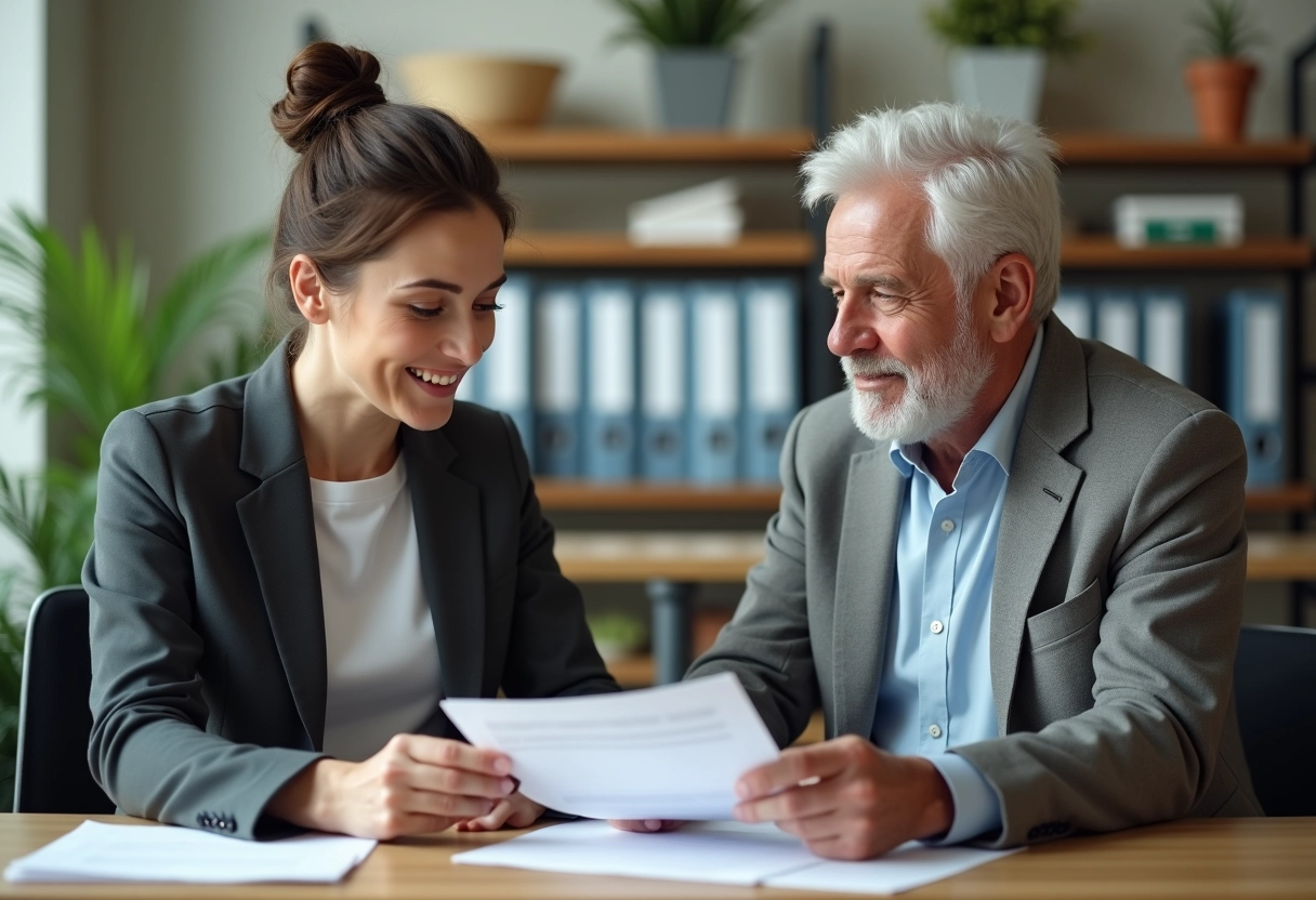 Homme et employe en discussion dans un bureau moderne de retraite