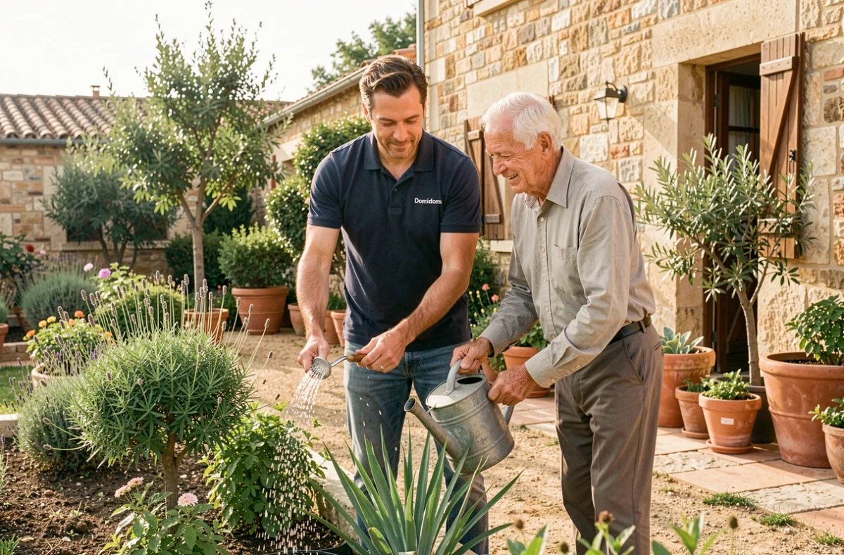 Un aide à domicile Domidom Castelnaudary accompagne un monsieur âgé pour entretenir son jardin devant une maison en pierre