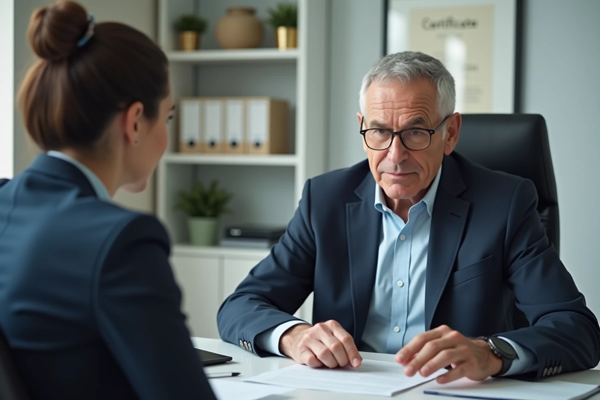 Homme et travailleuse sociale discutant d un document dans un bureau