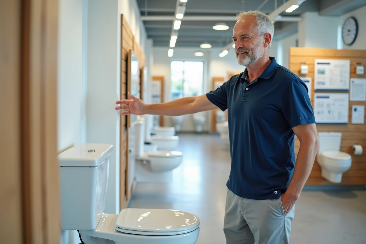 Ergothérapeute présentant un WC à hauteur confort dans un showroom de matériel médical senior