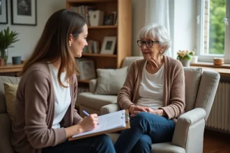 Évaluation du GIR à domicile : une travailleuse sociale remplit une grille AGGIR avec une personne âgée dans son salon