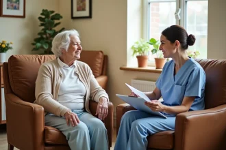 Une résidente âgée en maison de retraite écoute une aide-soignante lui expliquer son niveau de dépendance lors d'une évaluation personnalisée