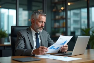 Homme d'affaires en costume gris analysant des documents financiers