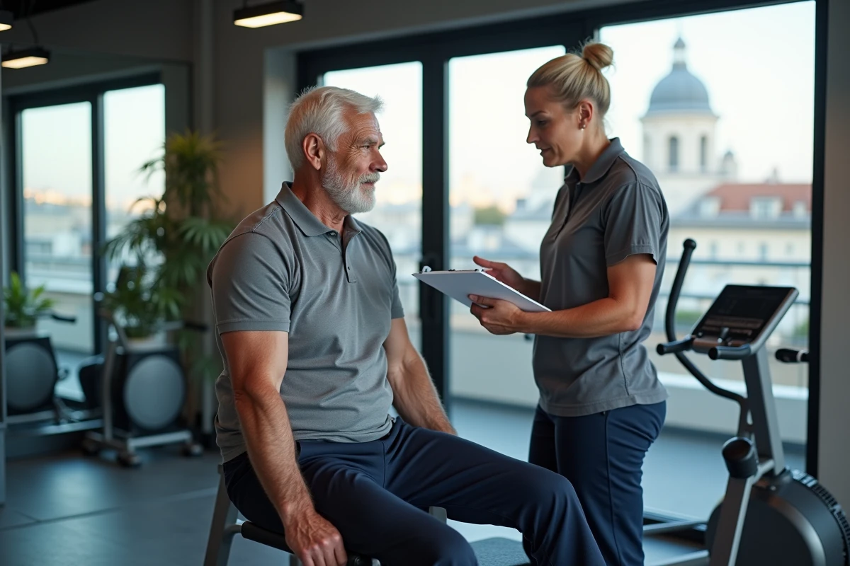 Senior masculin pratiquant des exercices adaptés avec un coach dans une salle de fitness Quintonic Paris