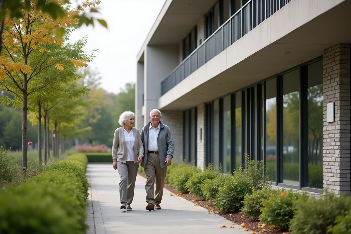 Façade d'une résidence senior moderne avec jardin paysager idéale pour l'investissement immobilier