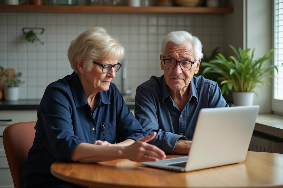 Famille aidant un parent âgé à comparer des établissements de maisons de retraite en ligne