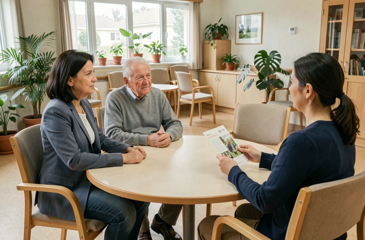 Famille discutant du placement d'un proche atteint de démence avec un conseiller dans un établissement d'accueil médicalisé