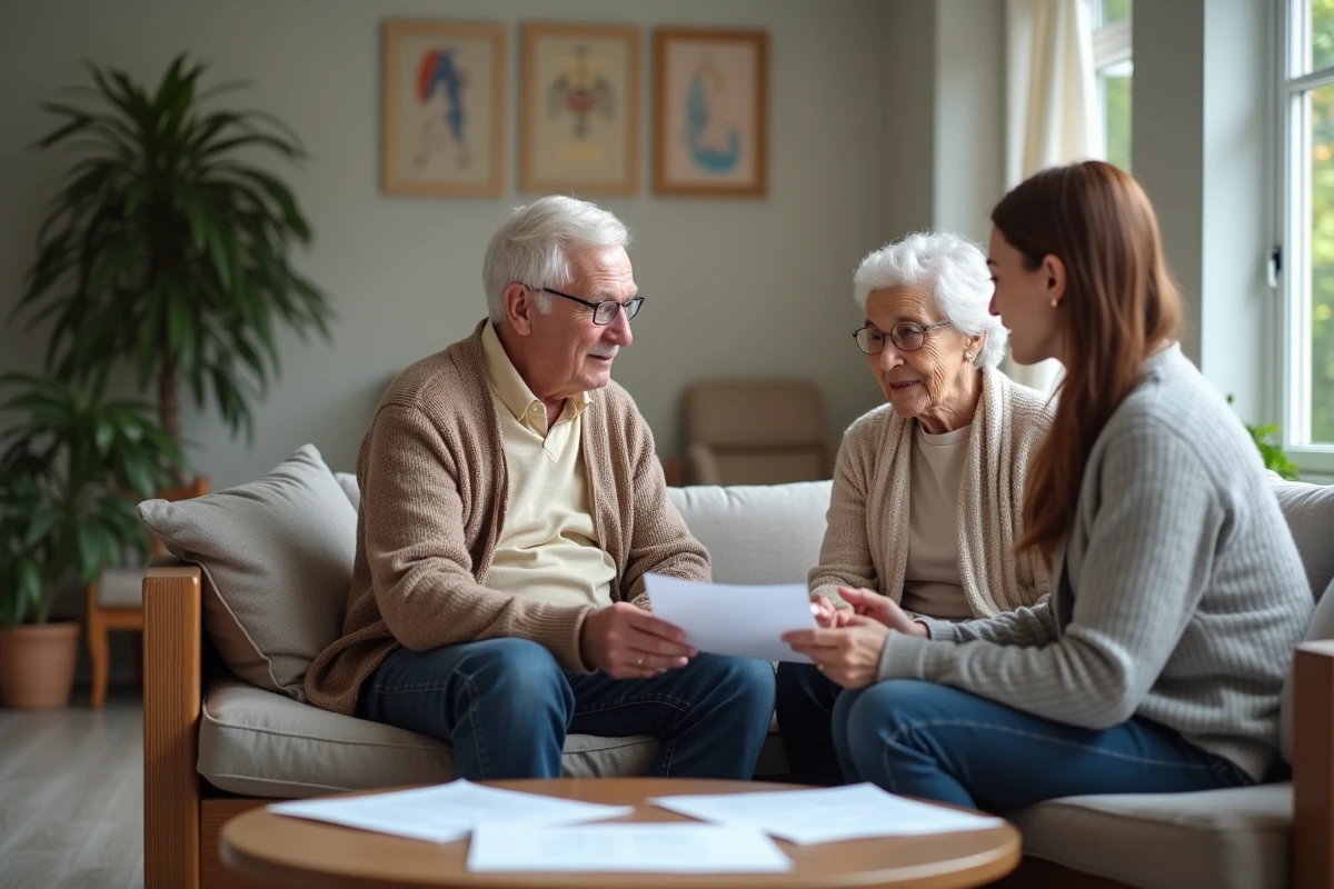 Famille discutant d'un projet de donation avec des parents âgés en maison de retraite