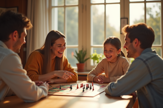 Famille heureuse jouant à un jeu de société dans un salon lumineux