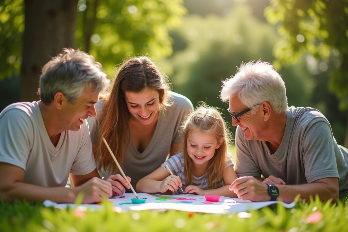 Famille multigeneration peignant ensemble dans un jardin ensoleille