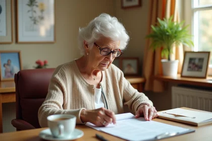 Femme âgée en maison de retraite relisant des documents juridiques liés à une donation