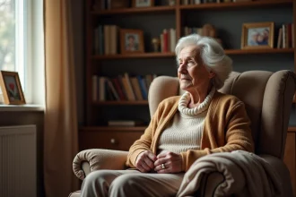 Femme agee assise dans un salon chaleureux regardant par la fenetre