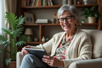 Femme agee souriante dans son salon avec tablette