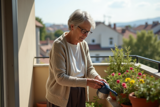 Femme âgée arrosant ses plantes sur un balcon ensoleille
