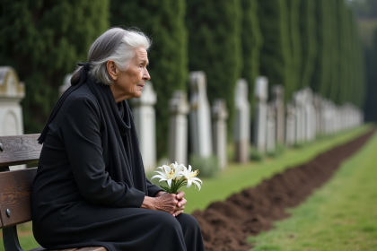 Femme âgée assise dans un cimetière en réflexion