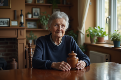 Femme âgée tenant un urne dans un salon chaleureux