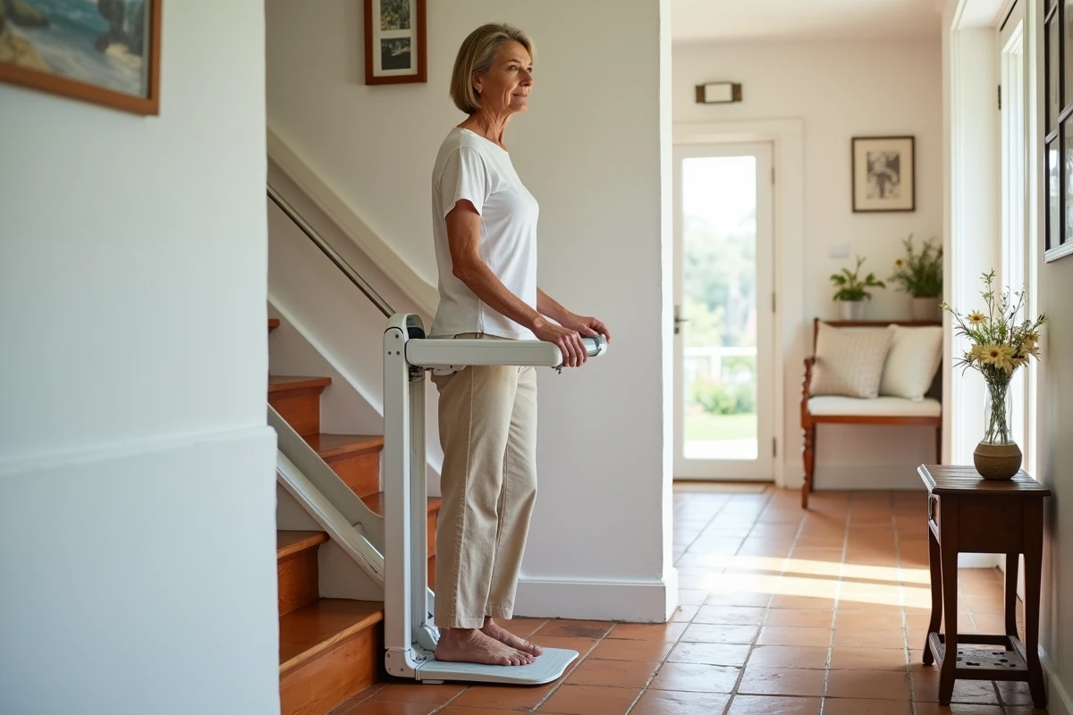 Femme d'âge moyen utilisant un ascenseur portable dans une maison de vacances