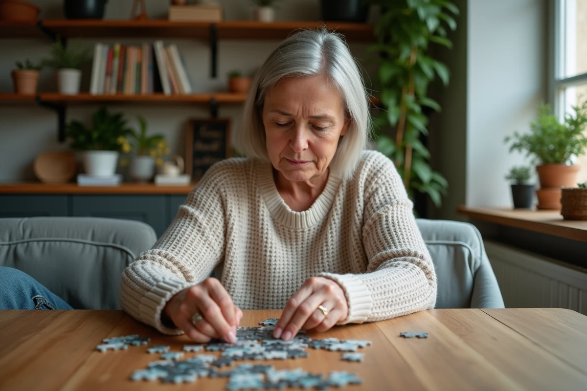 Femme d'âge moyen assemble un puzzle dans un intérieur cosy