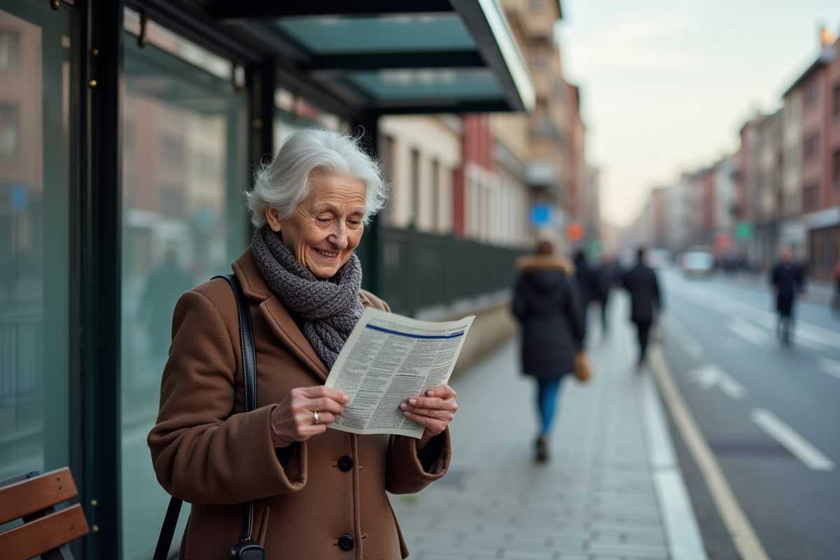 Femme agee lit une notice de pension a un arrêt de bus urbain