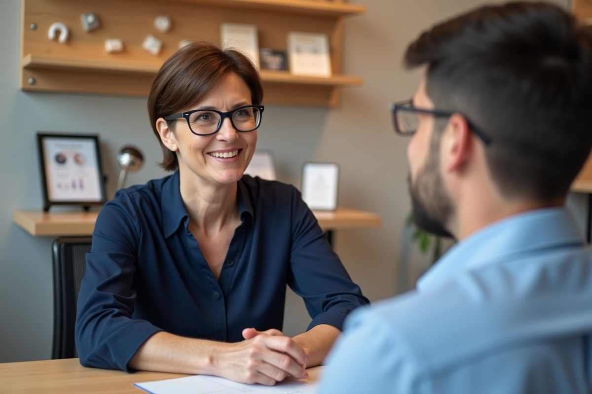 Femme d'âge moyen souriante avec un audiologue dans un magasin d'aides auditives