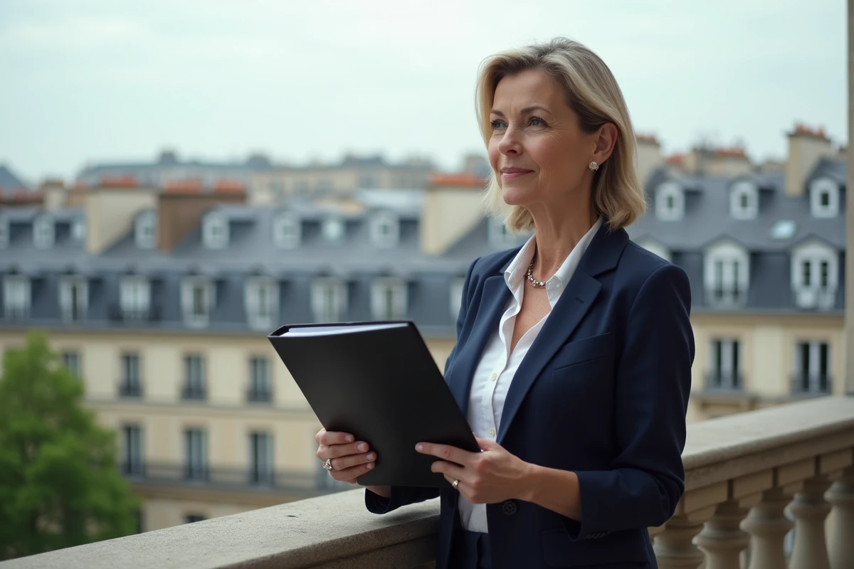 Femme professionnelle regardant la ville depuis un balcon parisien