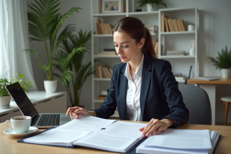 Femme d'affaires examinant des documents organisés au bureau