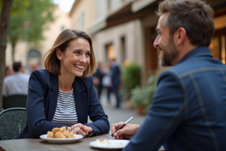 Femme souriante en terrasse de café en milieu urbain