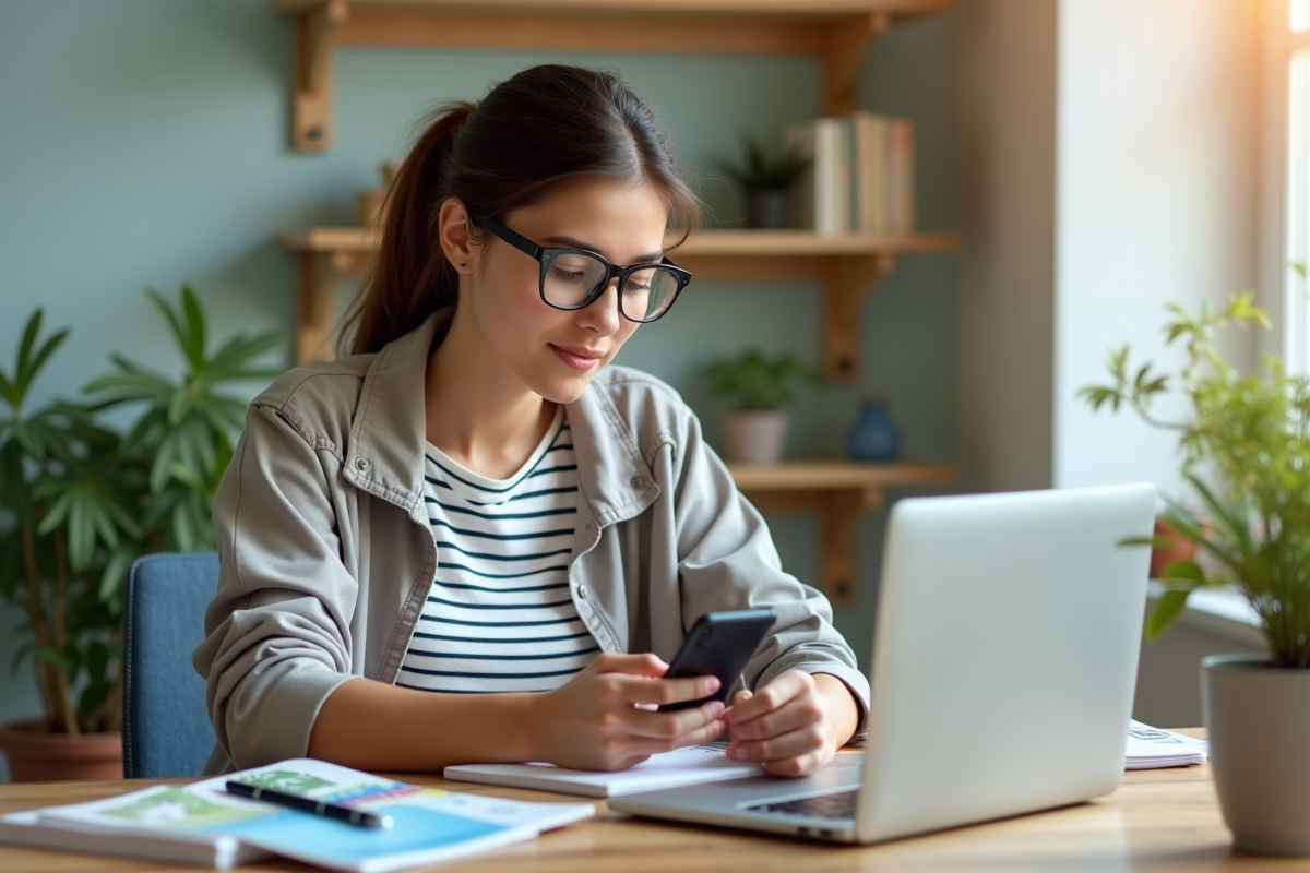 Jeune femme compare des prix sur son téléphone à la maison