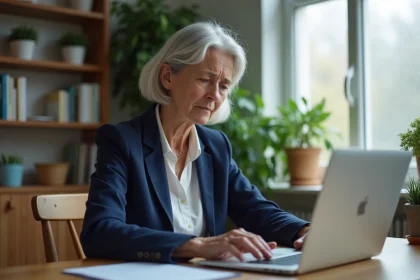 Femme de 55 ans consultant son compte Agirc-Arrco sur un ordinateur portable dans un bureau à domicile