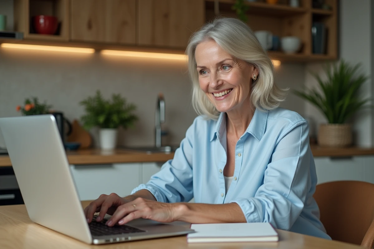 Femme souriante en cuisine avec ordinateur portable