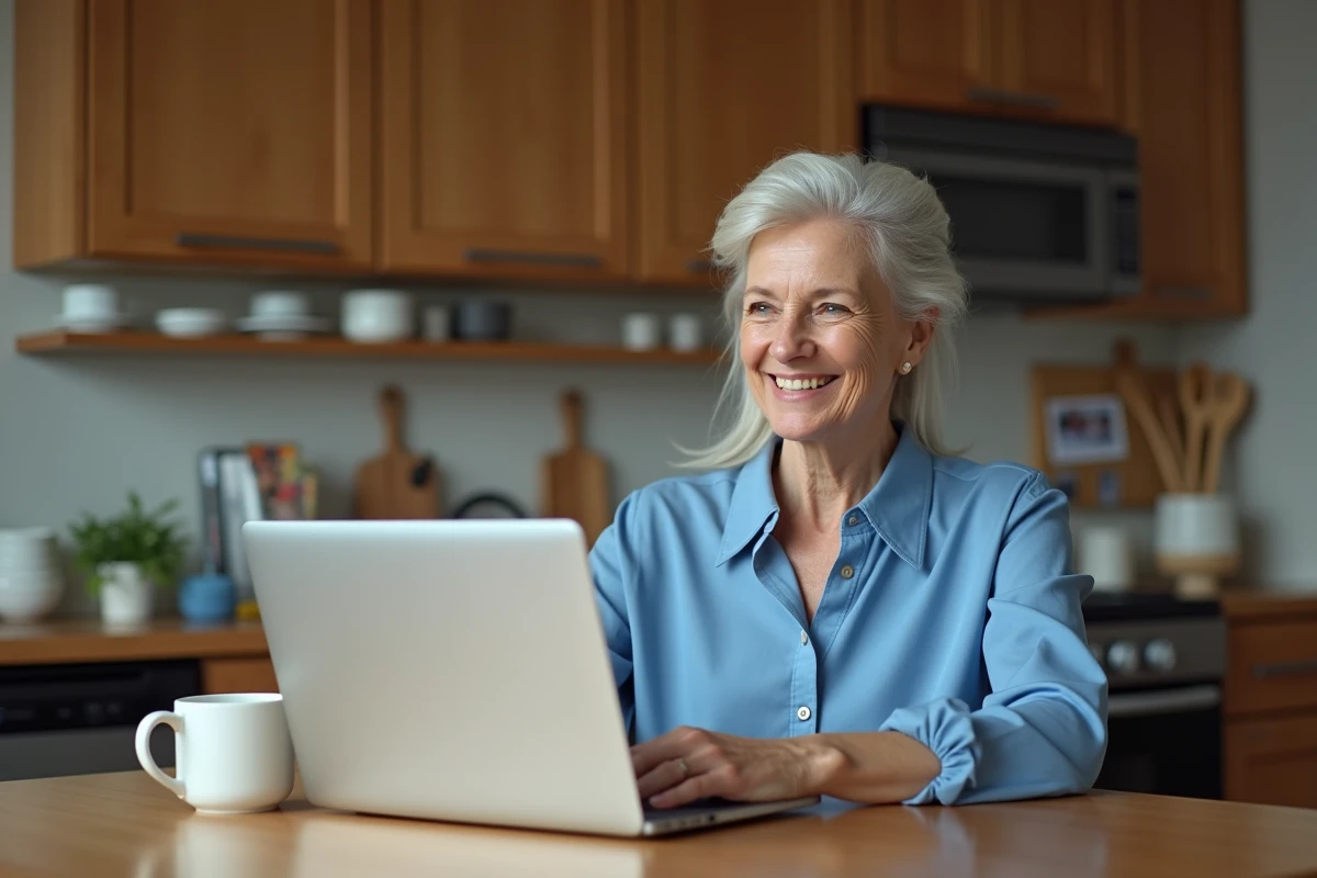 Femme souriante en cuisine utilisant un ordinateur portable