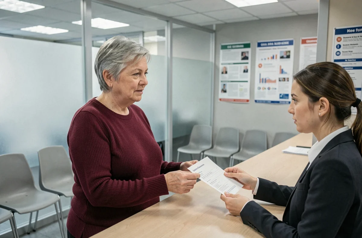 Femme de 60 ans en démarche administrative dans une caisse de retraite pour valider ses droits à la retraite carrière longue