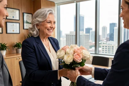 Femme souriante en retraite recevant un bouquet de fleurs de ses collègues dans un bureau moderne
