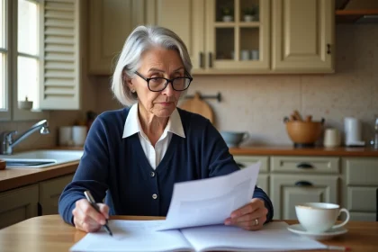 Femme de 63 ans consultant ses documents de retraite à table dans une cuisine française, vérifiant ses trimestres pour une retraite à taux plein en 2026