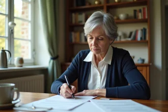 Femme âgée révisant des documents administratifs pour une demande d'augmentation de pension d'invalidité