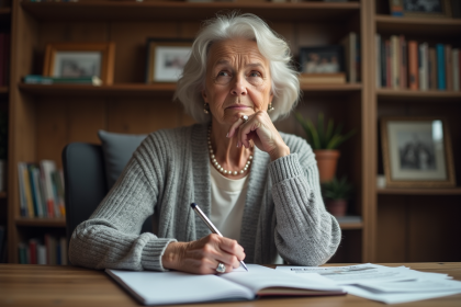 Femme âgée écrivant dans son bureau cosy