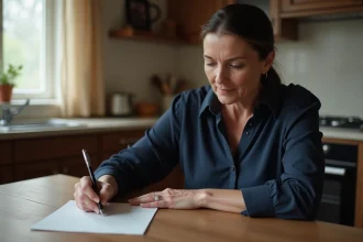 Femme écrivant un message de condoléances à la main sur une carte blanche, assise à une table en bois dans une cuisine chaleureuse