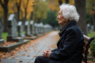 Femme âgée assise sur un banc dans un cimetière calme