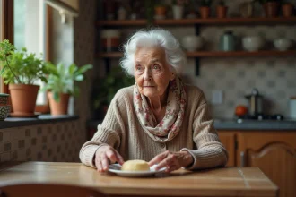 Femme âgée réfléchissant à un repas dans sa cuisine chaleureuse