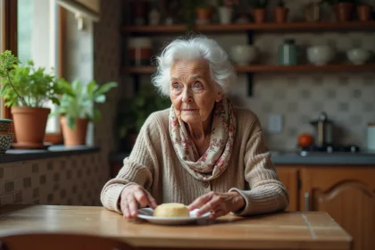 Femme âgée réfléchissant à un repas dans sa cuisine chaleureuse