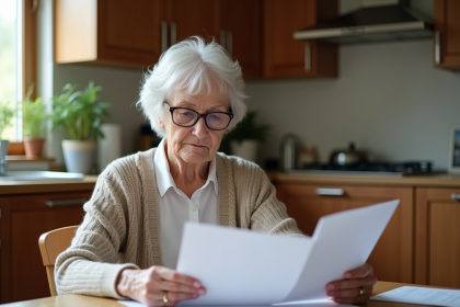 Femme âgée lisant des documents dans sa cuisine chaleureuse
